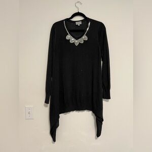 Joseph A. 1X Black Sparkly Knit Jeweled Neck Tunic Sweater